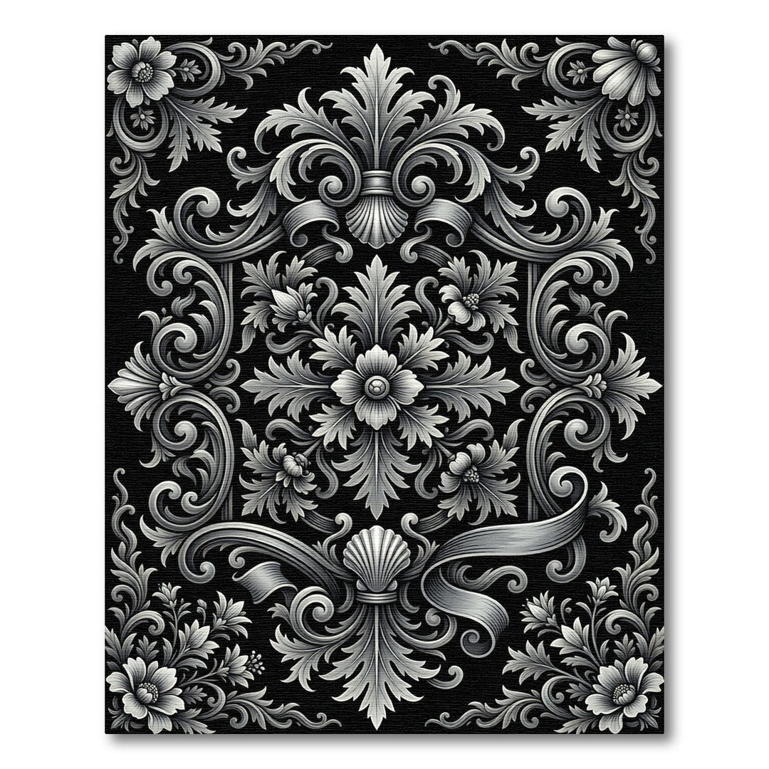 Ornate Gray Floral Scrollwork Rug