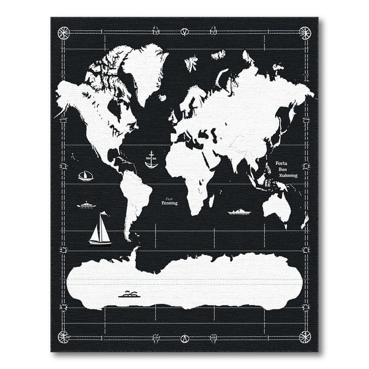 Black White World Map Nautical Area Rug