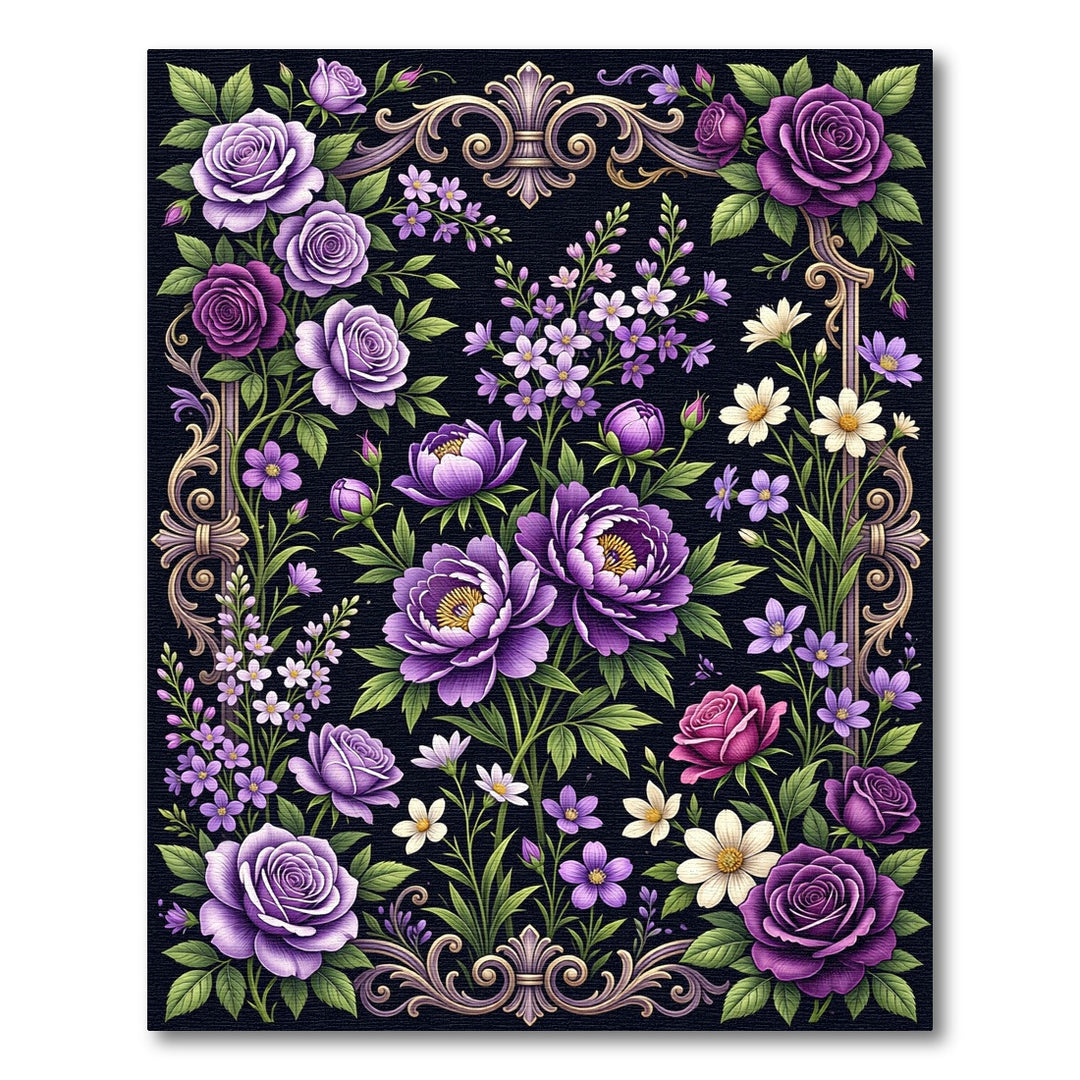 Ornate Purple Floral Scroll Garden Rug