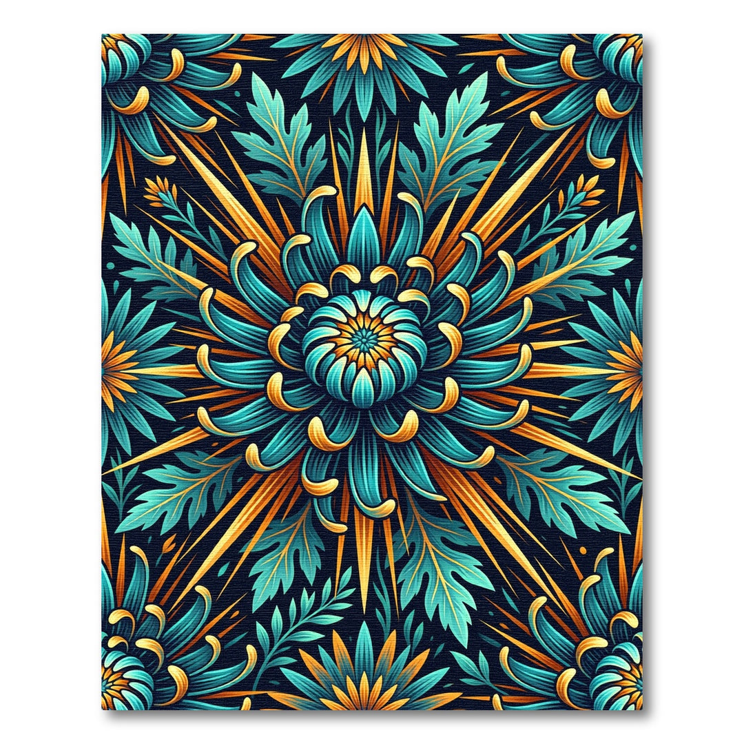 Teal and Gold Chrysanthemum Burst Rug