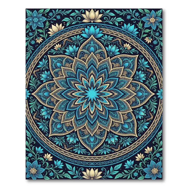 Teal Golden Floral Mandala Bloom Rug