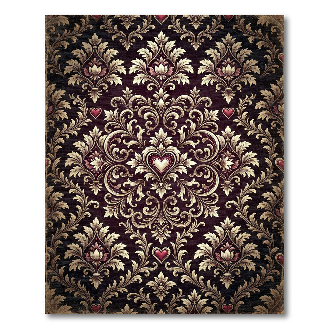 Ornate Burgundy Heart Damask Rug