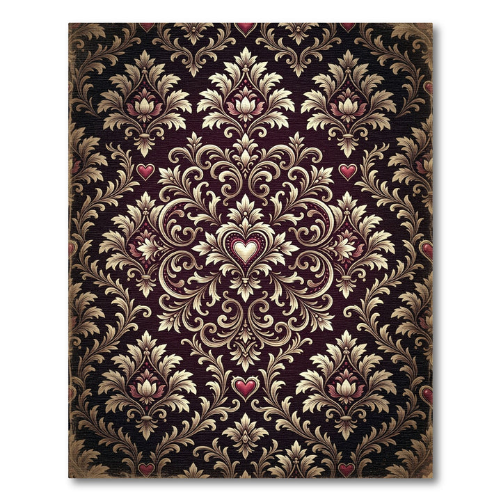 Ornate Burgundy Heart Damask Rug
