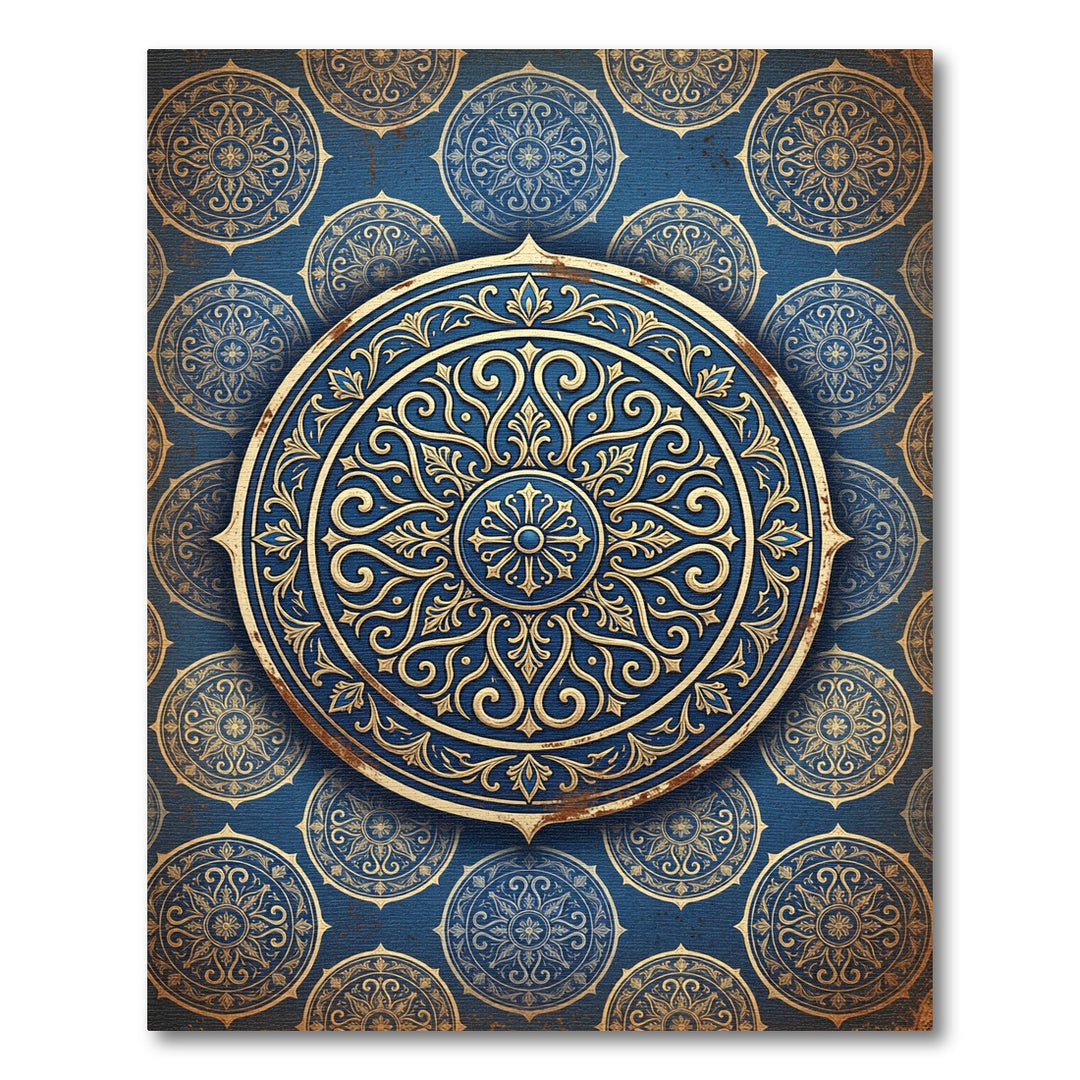 Ornate Blue Gold Medallion Rug