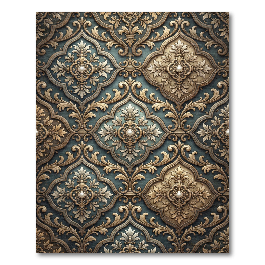 Ornate Gold Teal Damask Rug