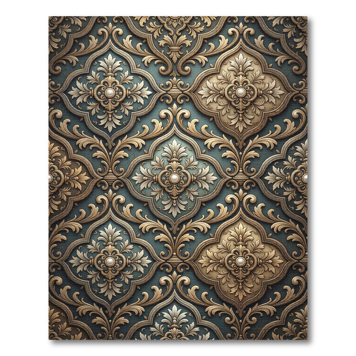 Ornate Gold Teal Damask Rug