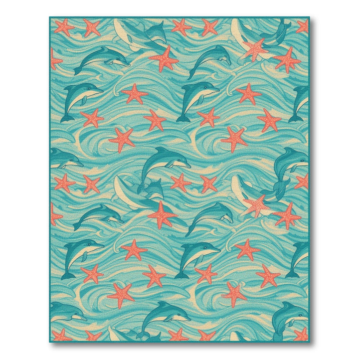 Dolphin Starfish Blue Teal Coastal Area Rug
