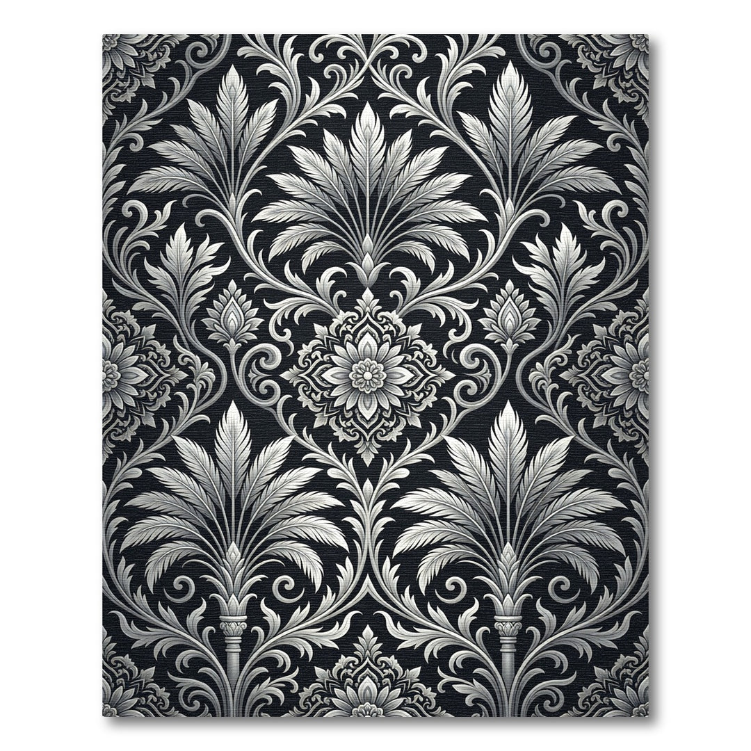 Damask Black White Floral Swirl Rug