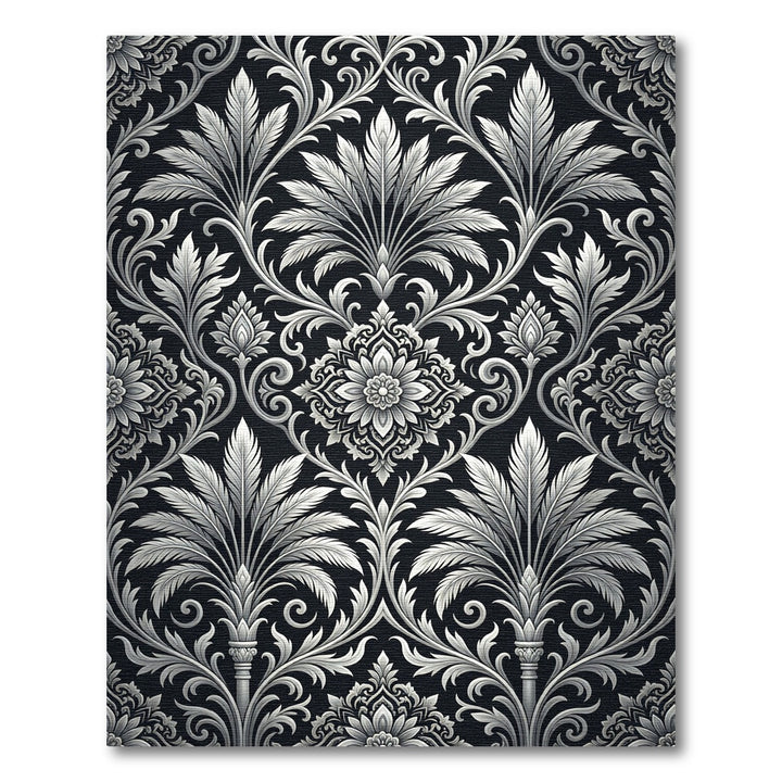 Damask Black White Floral Swirl Rug