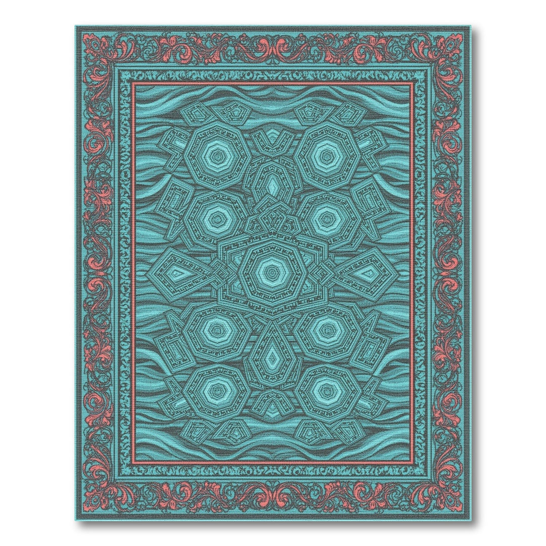 Teal Geometric Hexagon Area Rug with Red Border