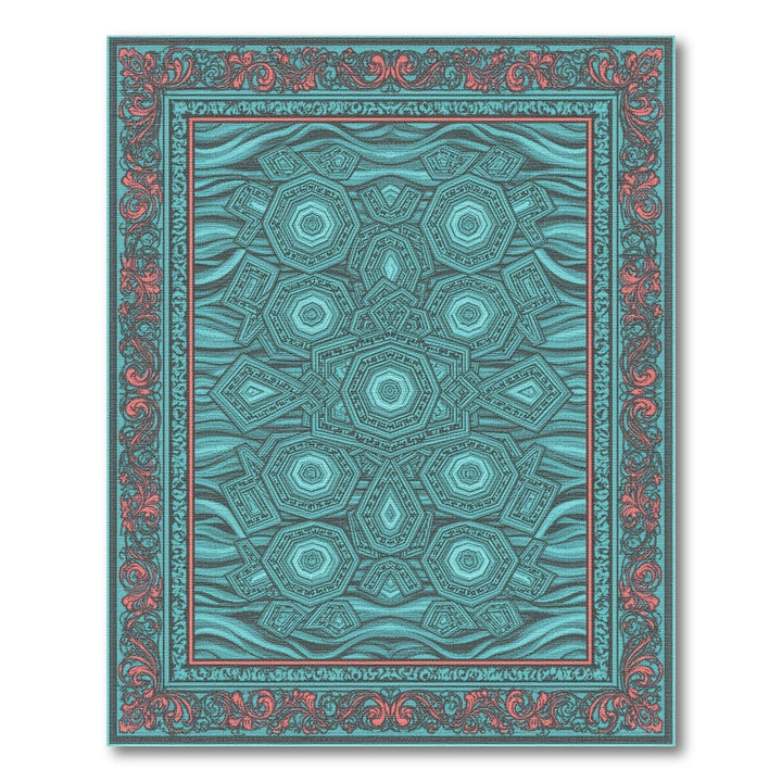 Teal Geometric Hexagon Area Rug with Red Border