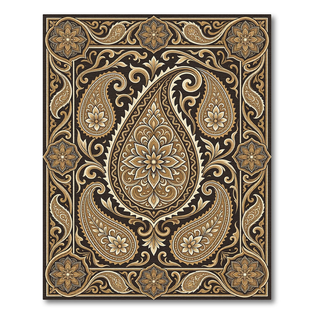 Ornate Brown Paisley Floral Frame Rug