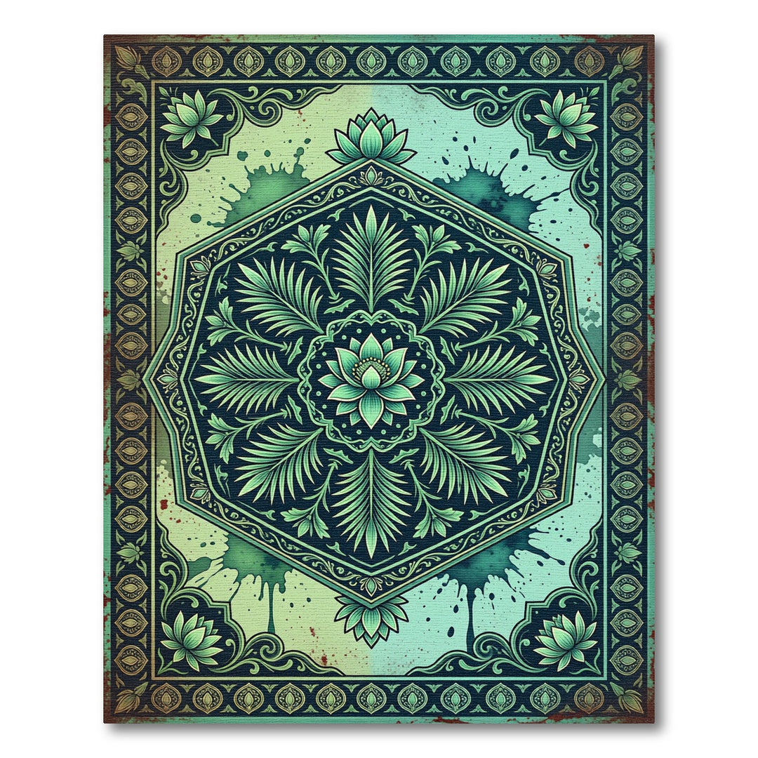 Emerald Green Floral Hexagon Medallion Rug