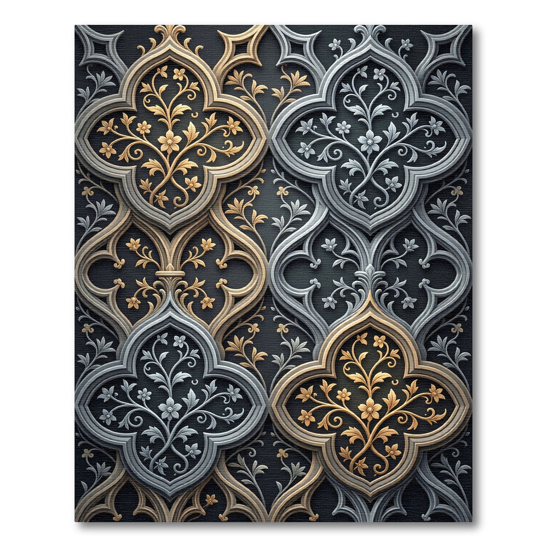 Ornate Gold Silver Floral Scrollwork Rug
