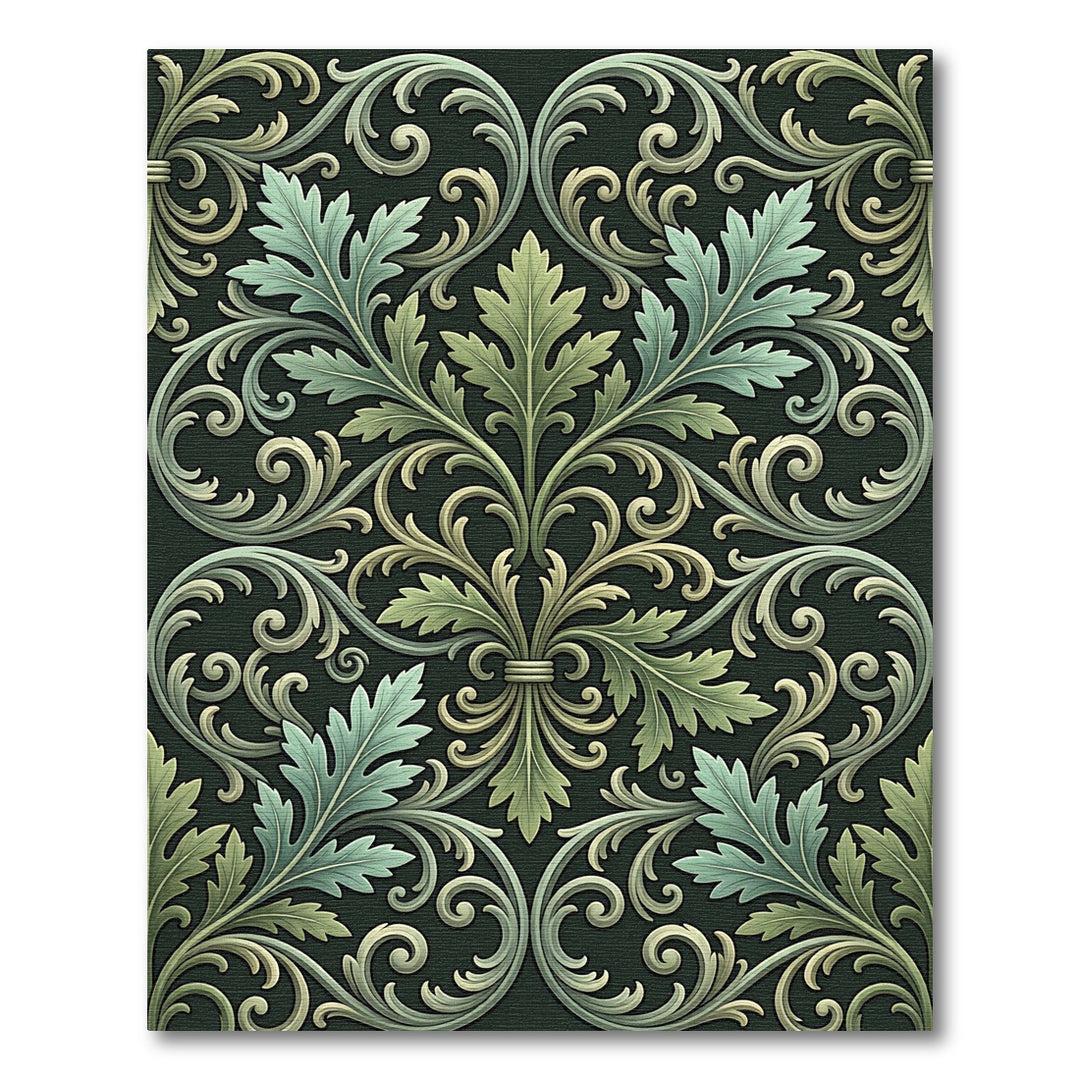 Verdant Green Leaf Scrollwork Damask Rug