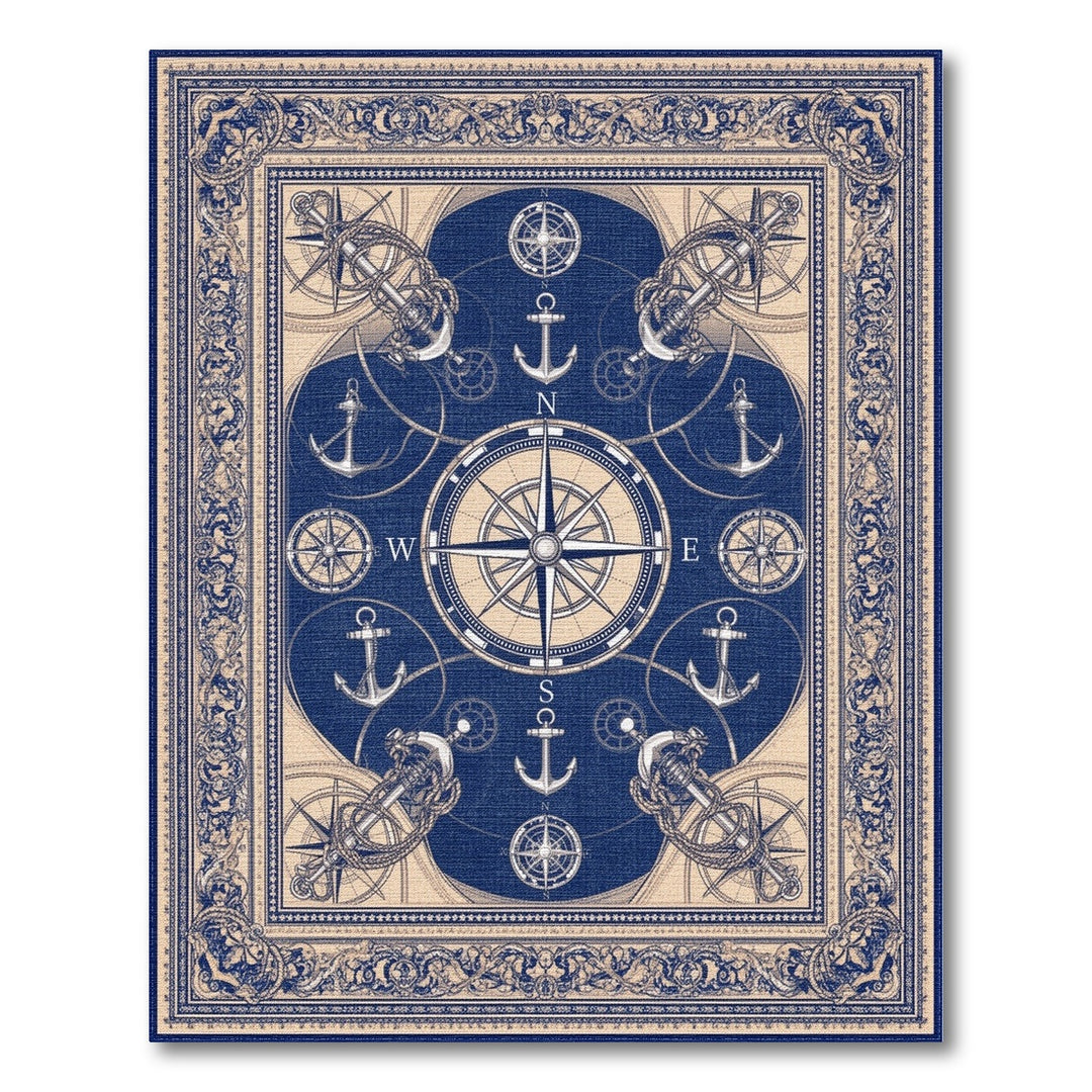 Blue and Teal Blue Nautical Compass Anchor Area Rug