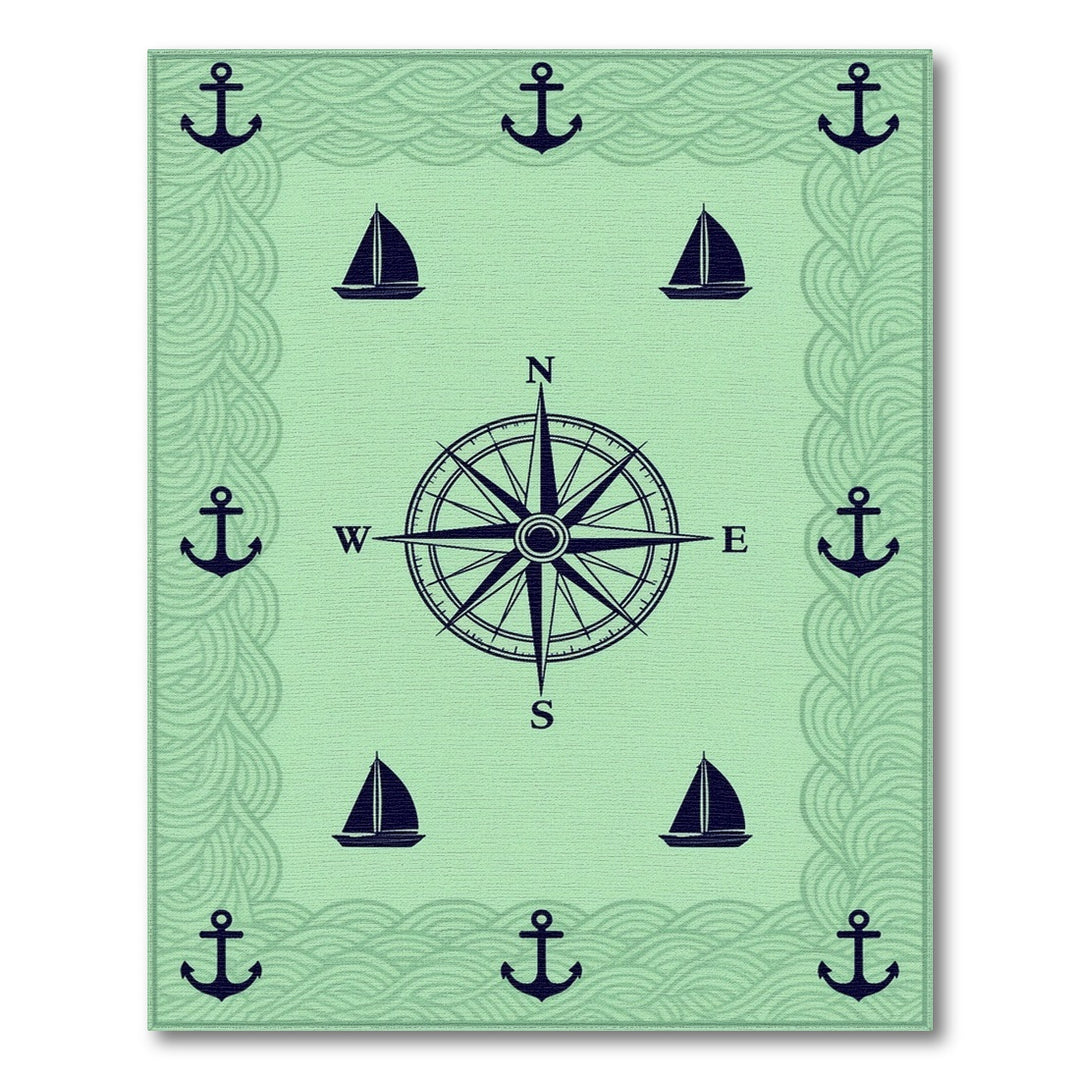 Coastal Nautical Compass Anchor Green Area Rug
