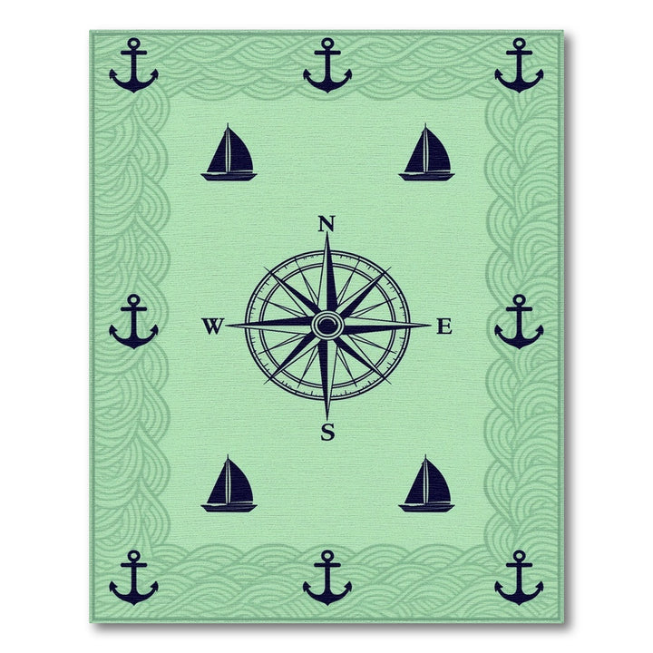 Coastal Nautical Compass Anchor Green Area Rug