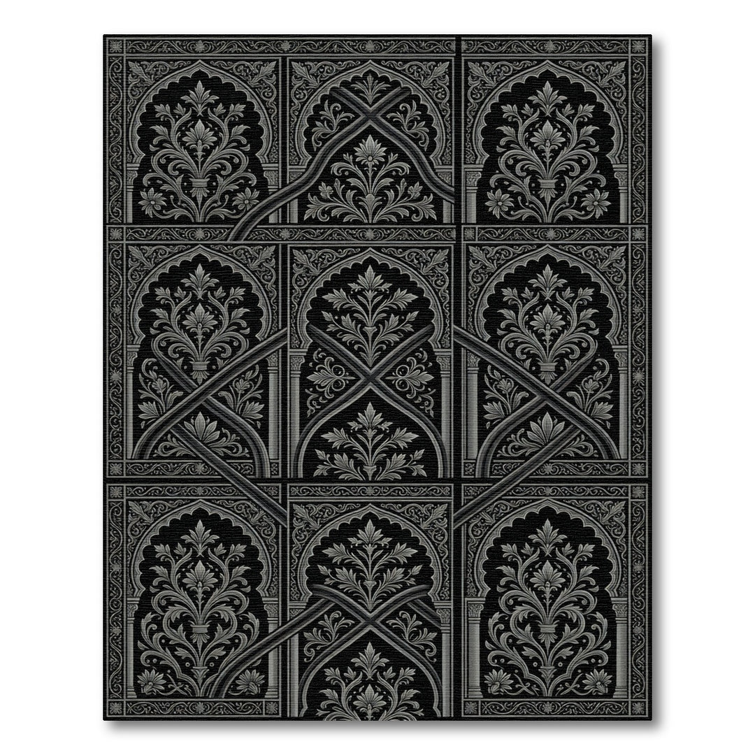 Ornate Black Gray Arched Floral Mandala Rug