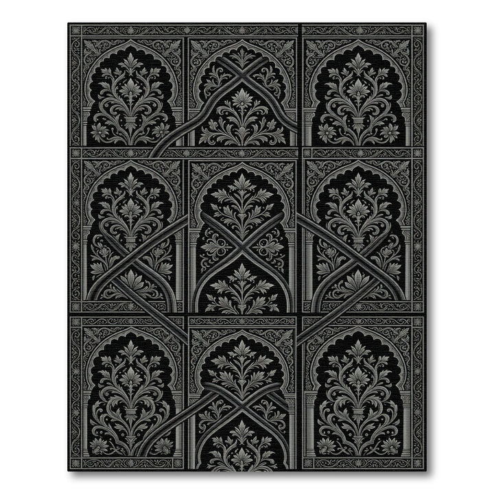 Ornate Black Gray Arched Floral Mandala Rug
