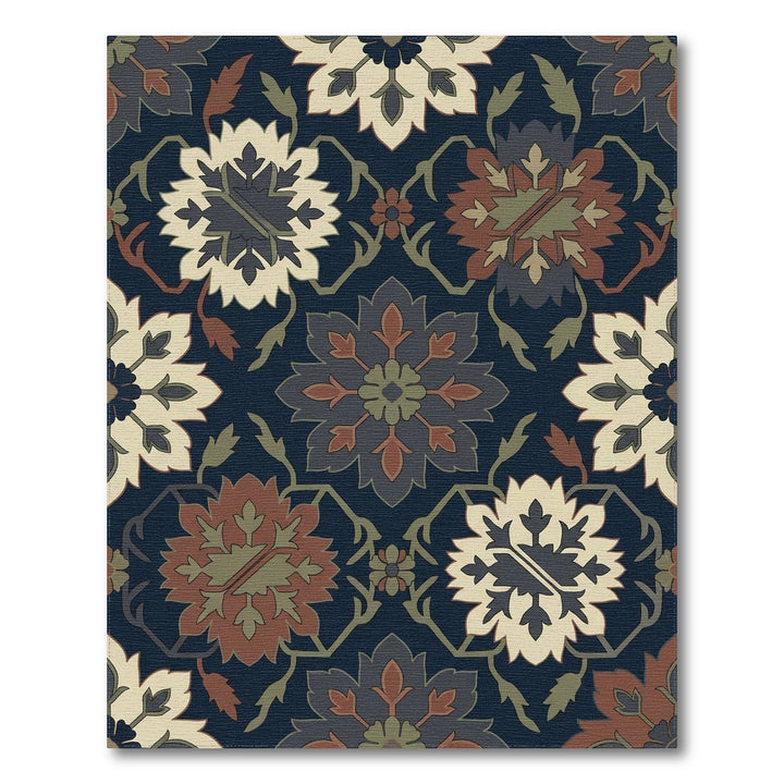 Deep Navy Red Floral Medallion Rug