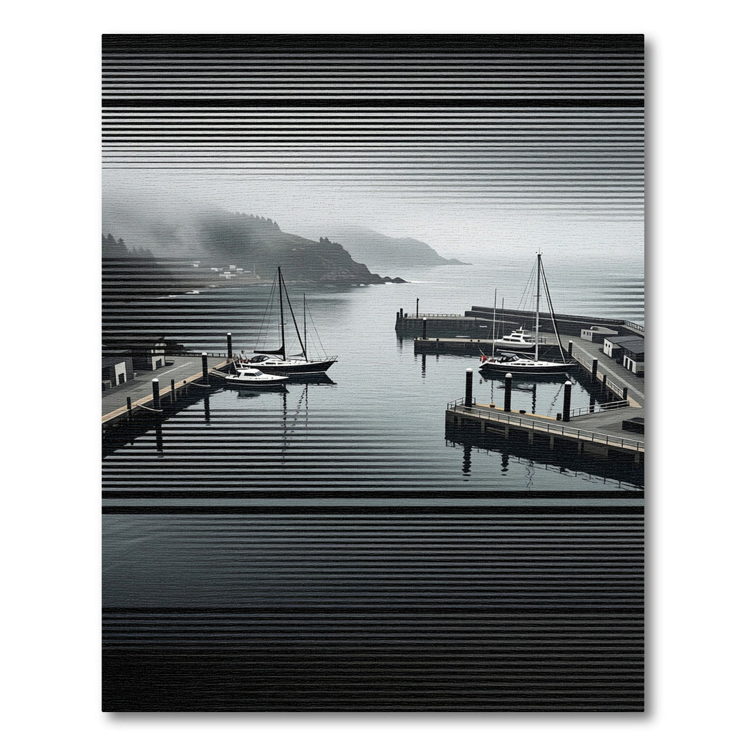 Modern Monochrome Yacht Harbor Scene Rug