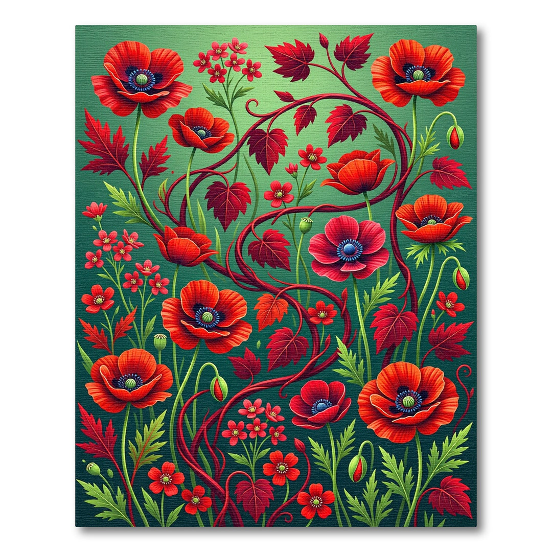 Vibrant Red Poppy Vine Garden Rug