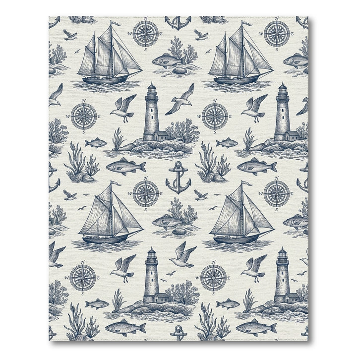 Blue Sailboat Lighthouse Nautical Scene Rug