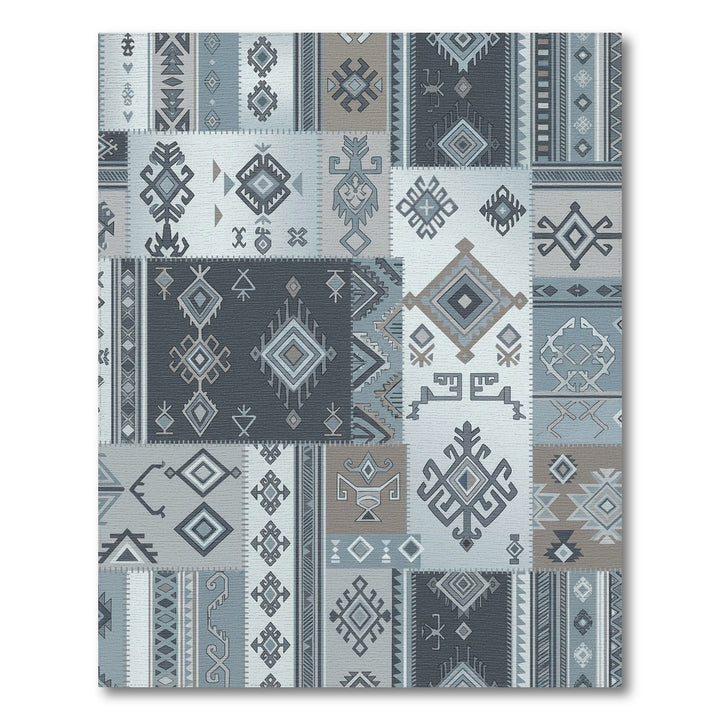 Patchwork Dusty Blue Geometric Tribal Rug