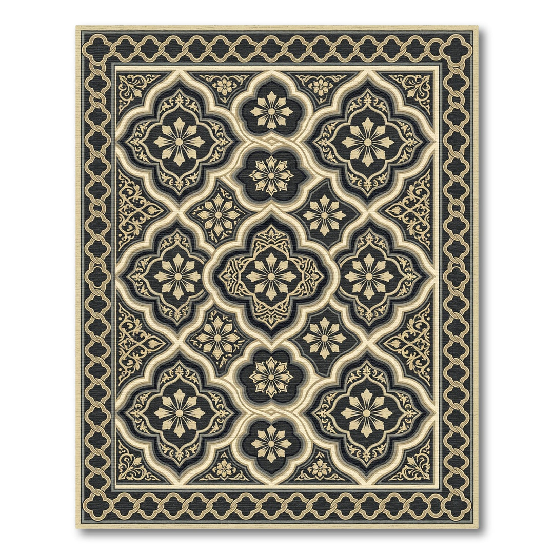 Ornate Black Gold Quatrefoil Floral Rug