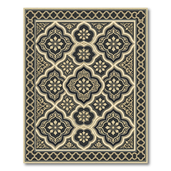 Ornate Black Gold Quatrefoil Floral Rug