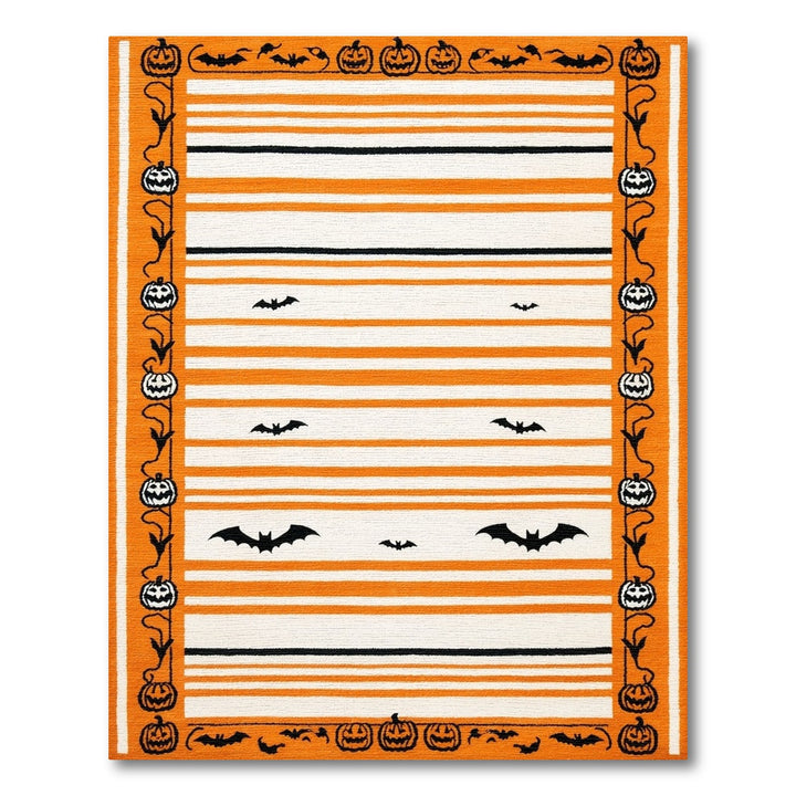 Orange Halloween Striped Area Rug with Bats and Pumpkins
