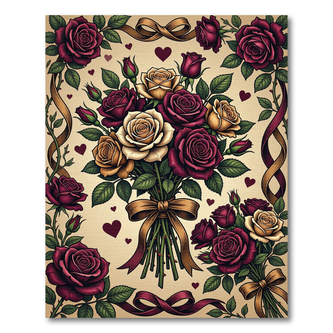 Rich Burgundy Gold Rose Bouquet Rug