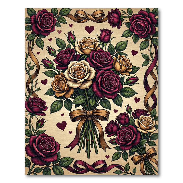Rich Burgundy Gold Rose Bouquet Rug