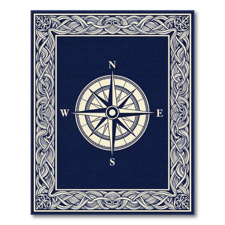 Navy Compass Rose Area Rug with Braided Border