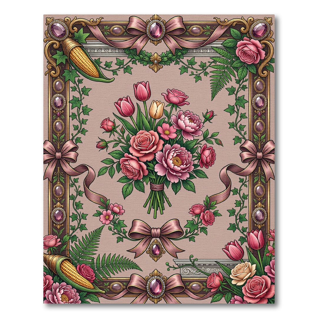 Pink Floral Ribbon Border Bouquet Rug