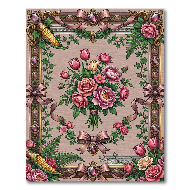 Pink Floral Ribbon Border Bouquet Rug