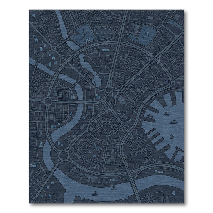 Dark Blue Cityscape Circular Layout Rug
