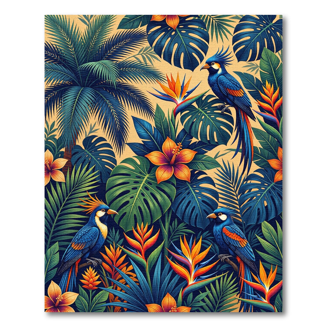 Vivid Blue Parrots Tropical Floral Arrangement Rug