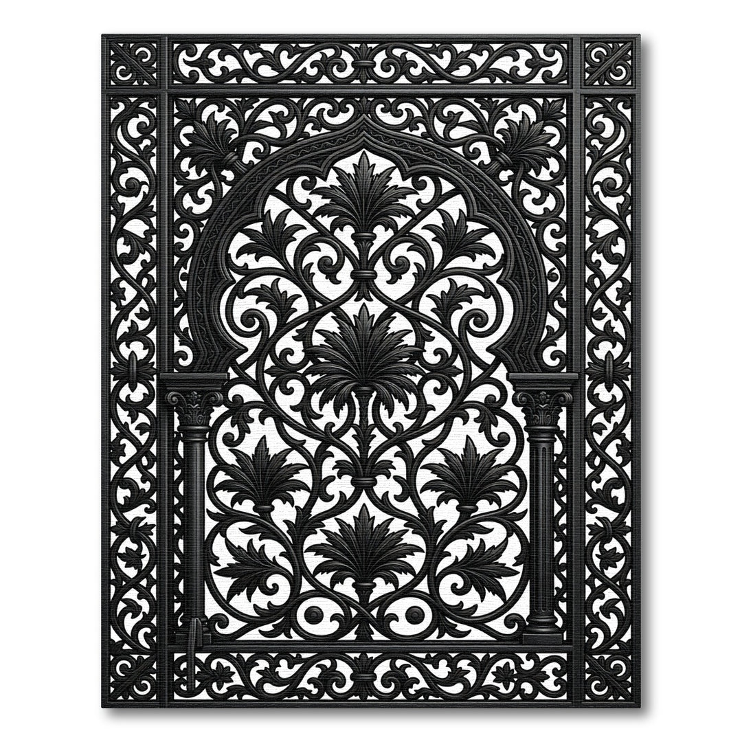 Black Baroque Foliage Arch Decorative Rug