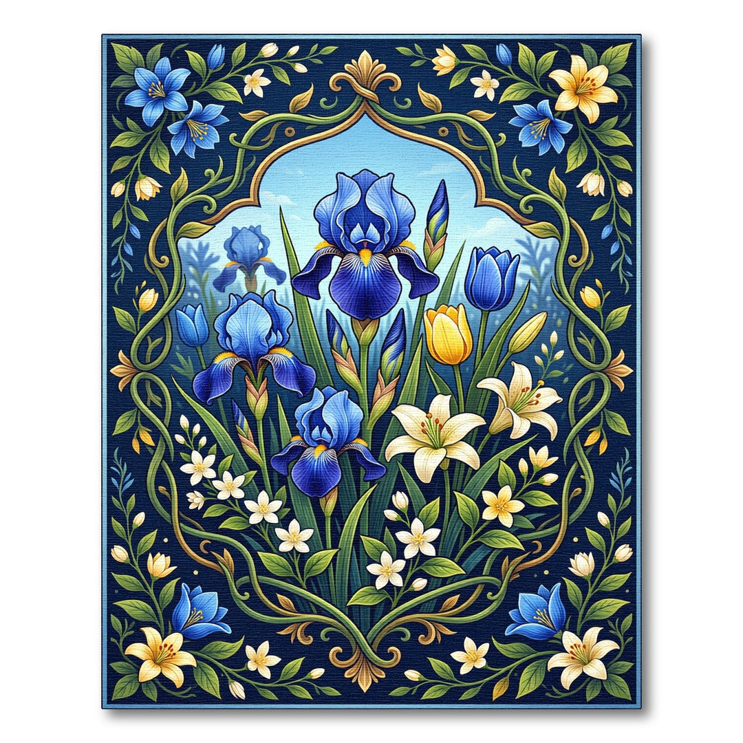Deep Blue Iris Lily Garden Frame Rug