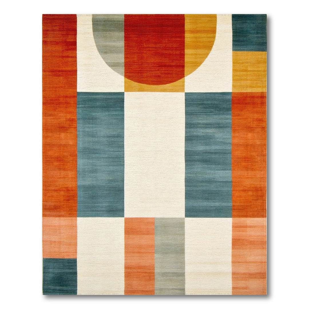 Bold Geometric Area Rug with Red Circle Motif