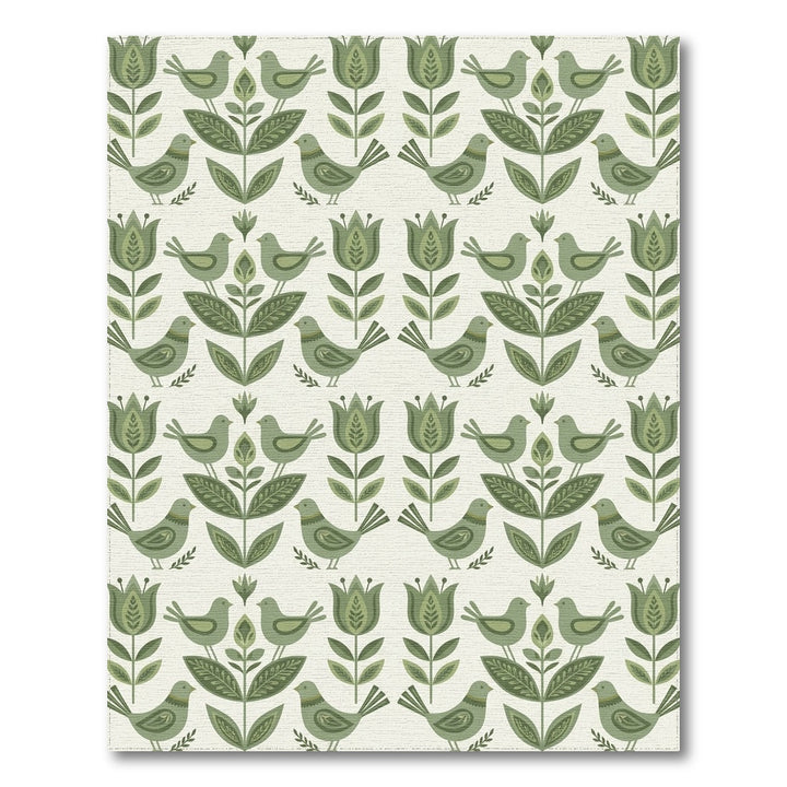Sage Green Folk Art Bird Floral Rug