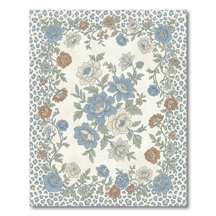 Faded Blue Floral Leopard Frame Rug