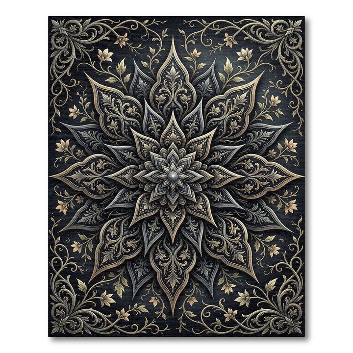 Dark Gray Golden Floral Medallion Rug
