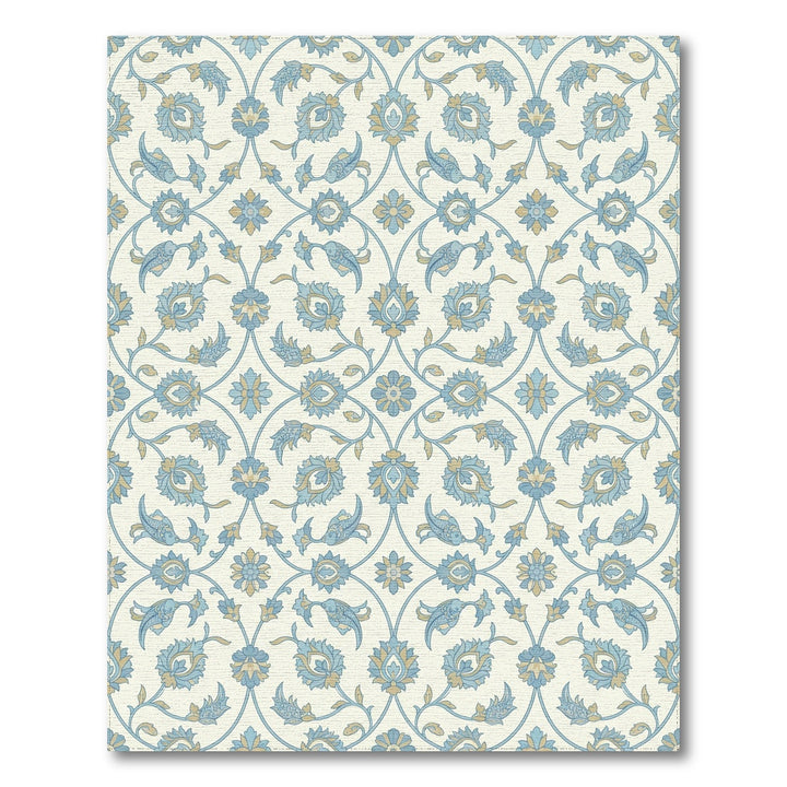 Blue Tan Floral Arabesque Scroll Rug