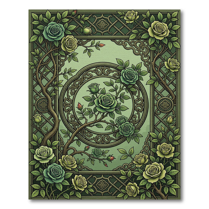 Green Floral Scrollwork Rose Garden Rug