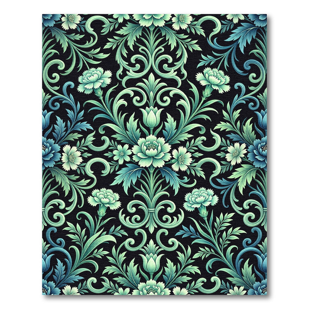 Emerald Floral Scrollwork on Black Rug