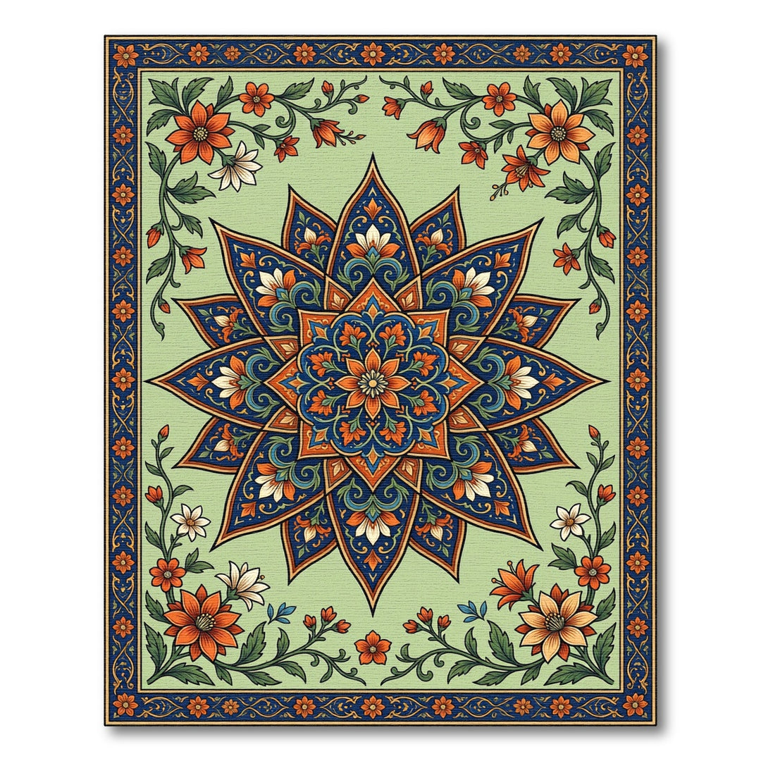 Ornate Blue Orange Floral Mandala Rug