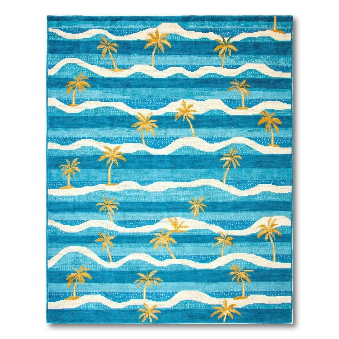 Blue and Teal Blue Teal Palm Wave Coastal Area Rug
